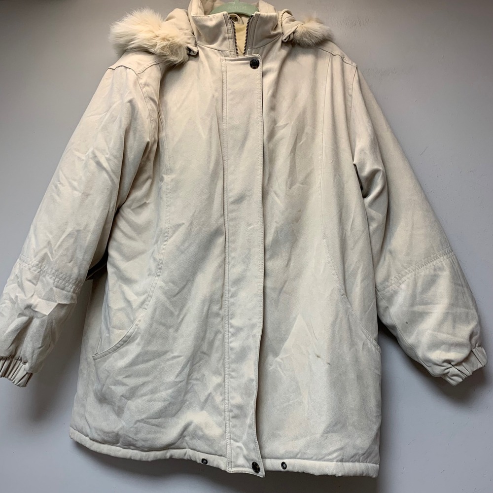 Worthington Parka Women Large Beige Fox Fur Trim Thermolite Insulated Excellent